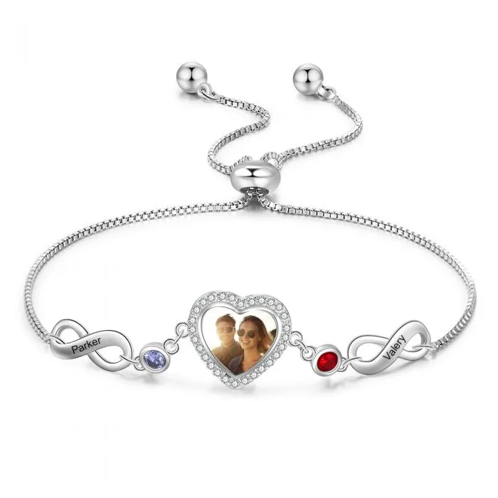 Personalized Heart Photo Infinity Bracelet With Birthstone