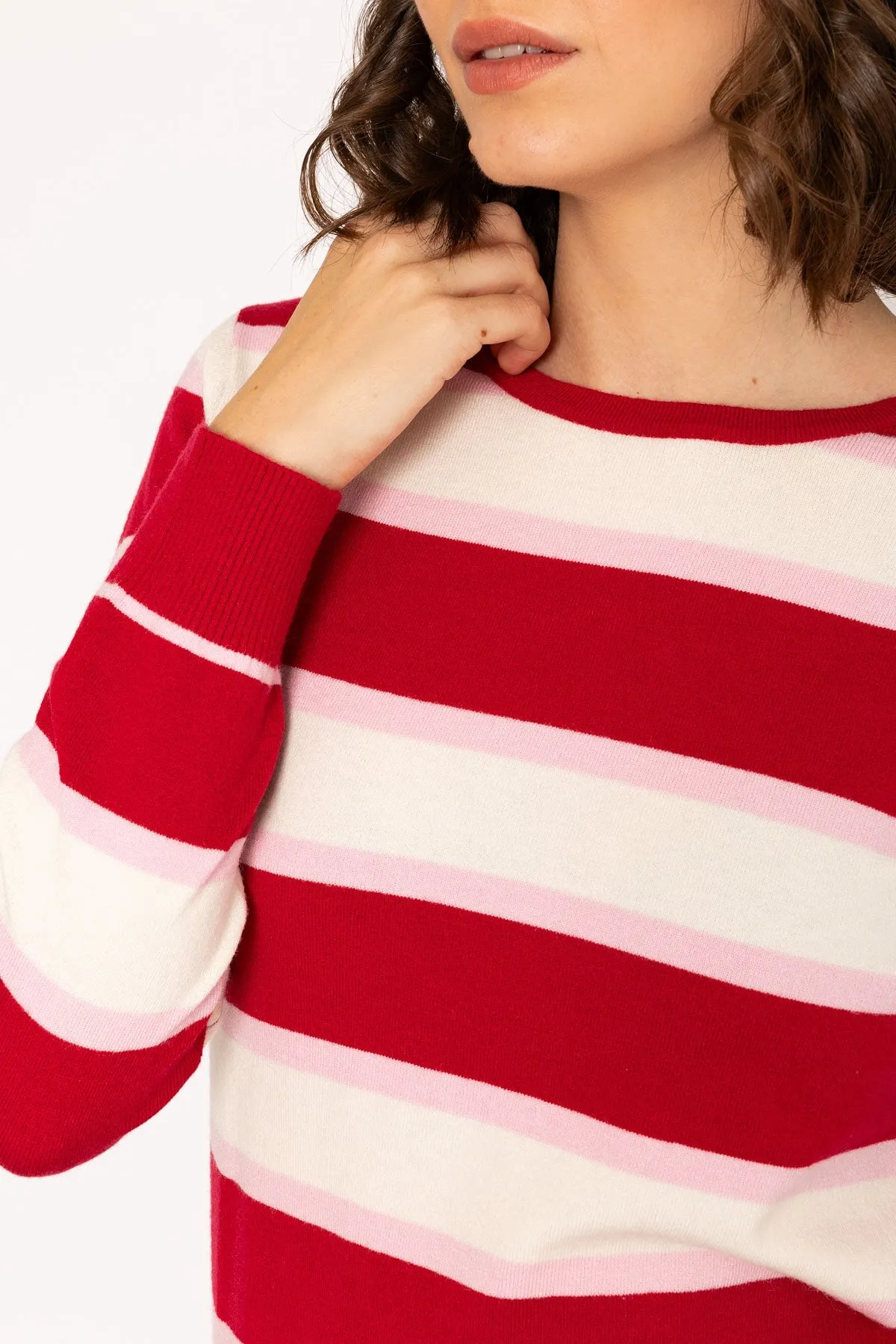 Soft Touch Stripe Knit Jumper in Red