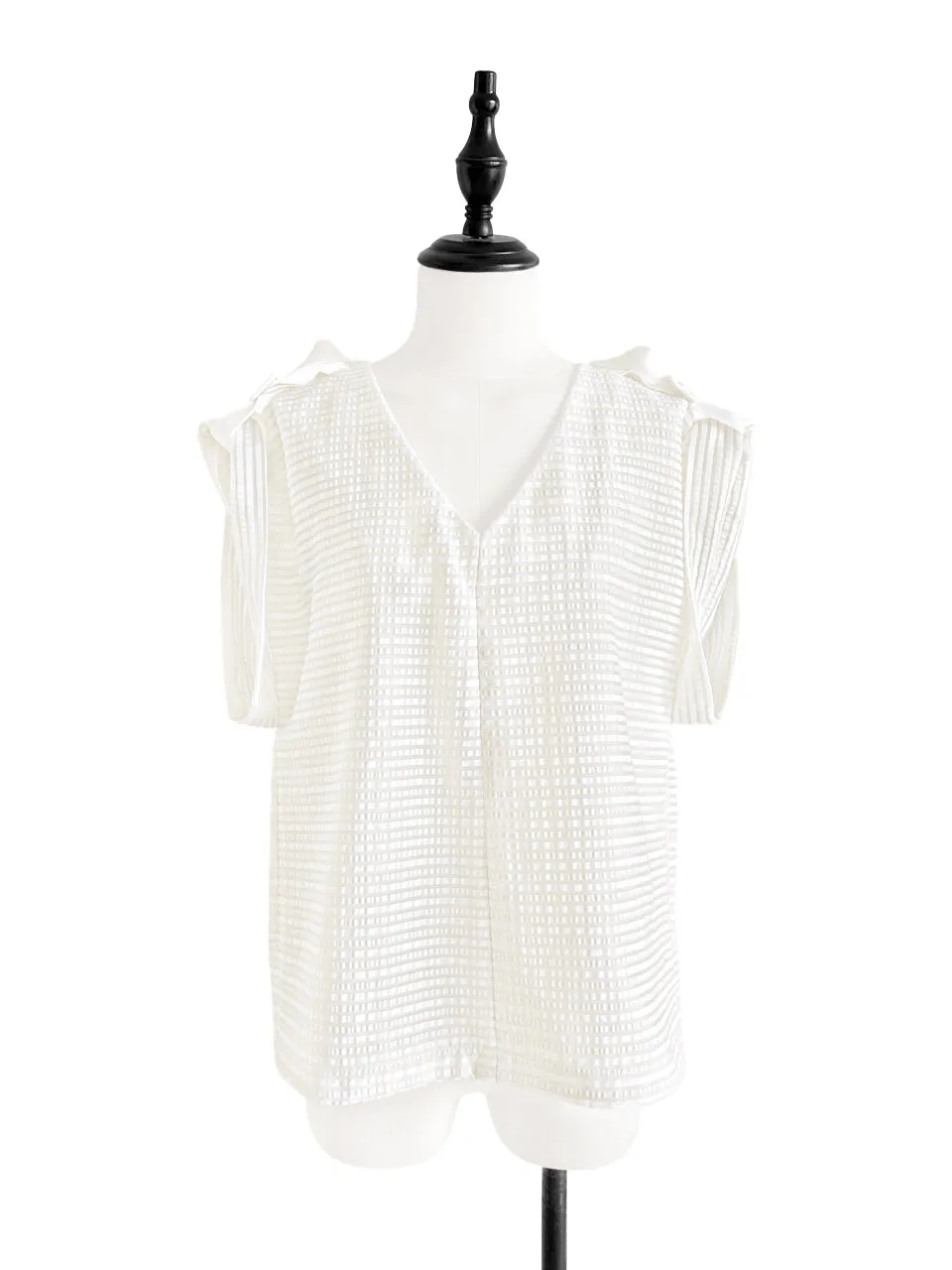 Surprise Sale! Creamy Striped V-neck Buckle Detail Roll Up Sleeve Blouse