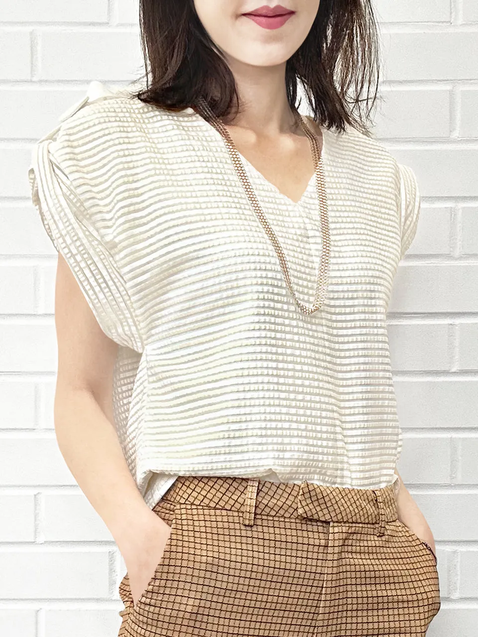 Surprise Sale! Creamy Striped V-neck Buckle Detail Roll Up Sleeve Blouse