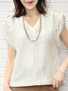 Surprise Sale! Creamy Striped V-neck Buckle Detail Roll Up Sleeve Blouse