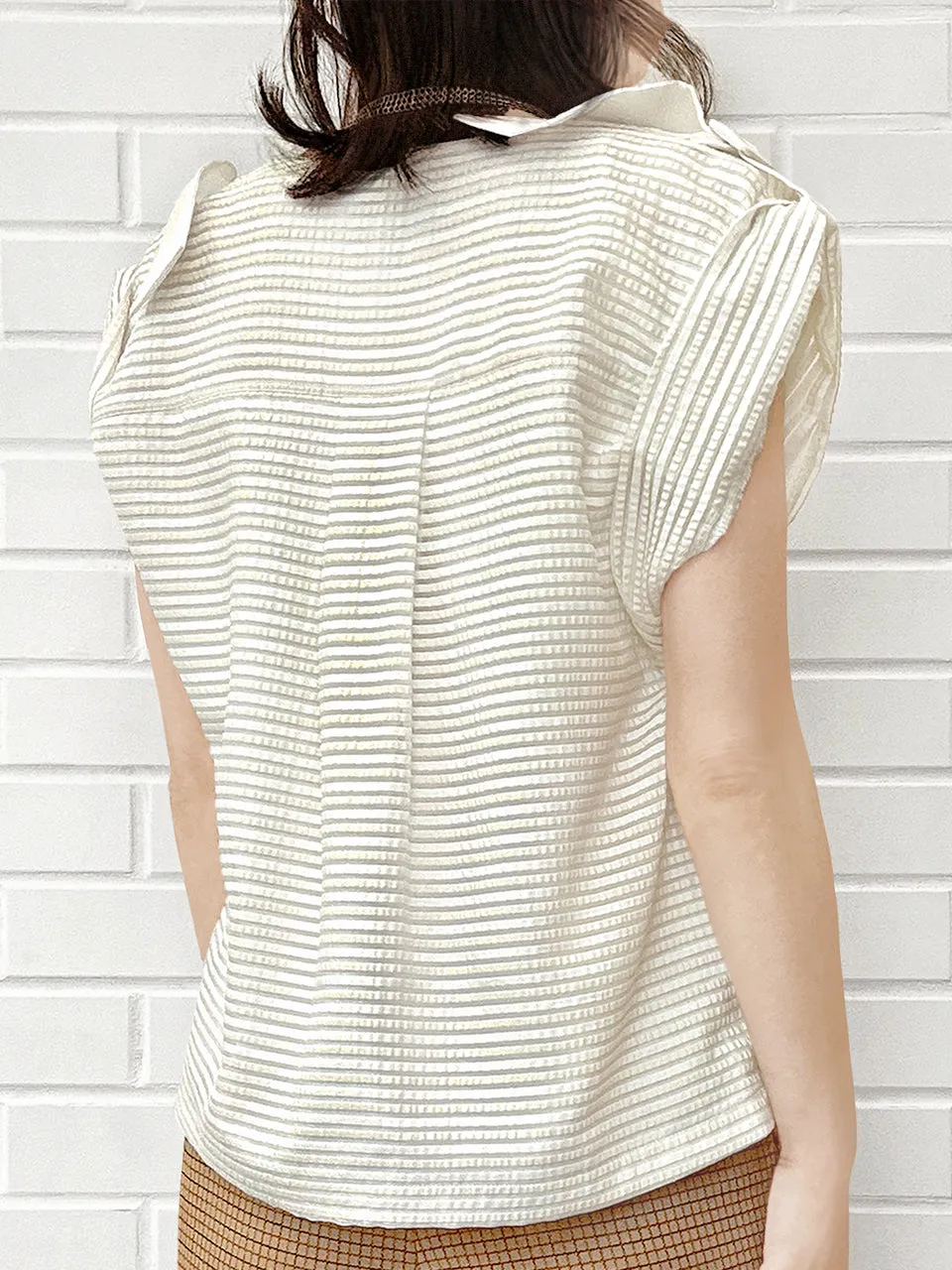 Surprise Sale! Creamy Striped V-neck Buckle Detail Roll Up Sleeve Blouse