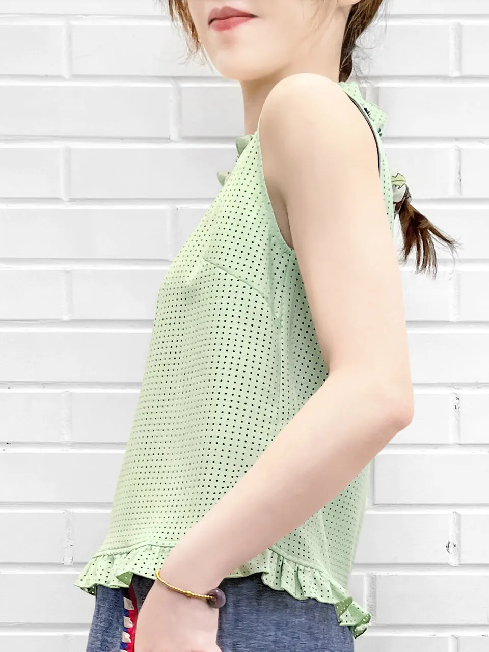 Surprise Sale! Light Green Cord Trim Details Ruffled Laser Cut Tank