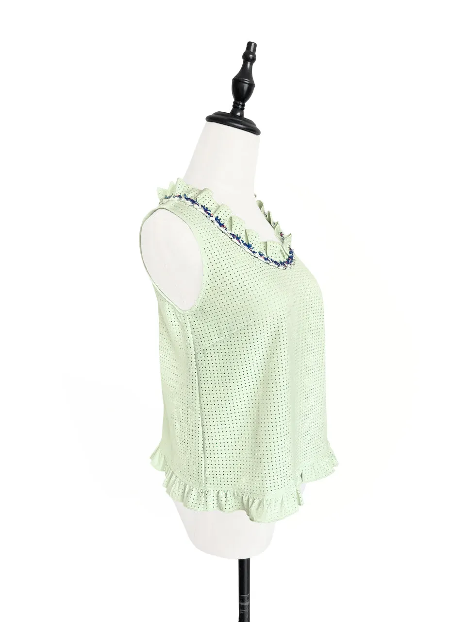 Surprise Sale! Light Green Cord Trim Details Ruffled Laser Cut Tank