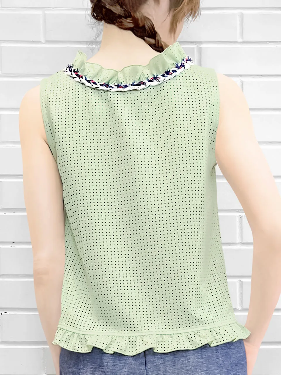 Surprise Sale! Light Green Cord Trim Details Ruffled Laser Cut Tank