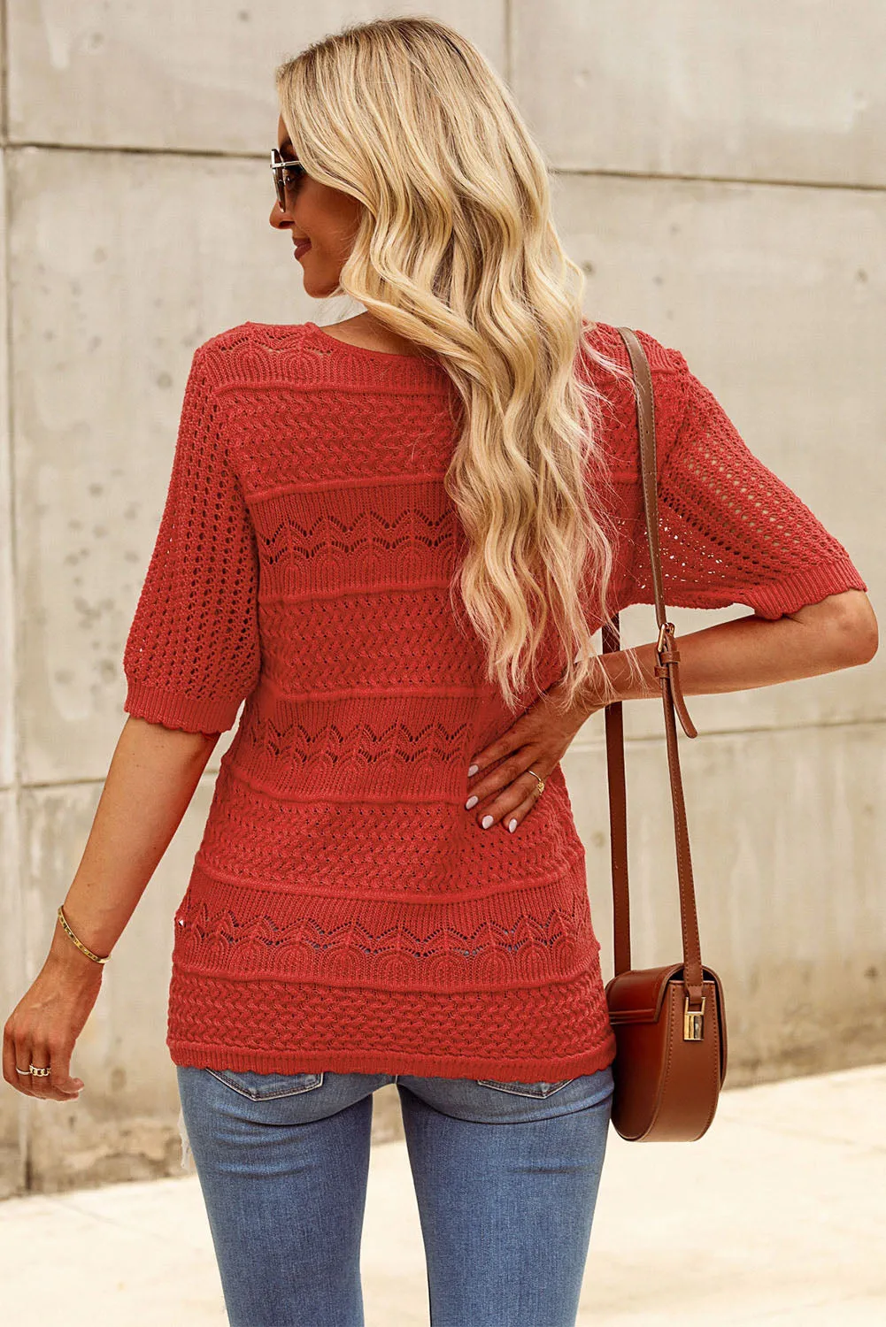 TEEK - Brick Red Open Knit Half Sleeve Knit Top