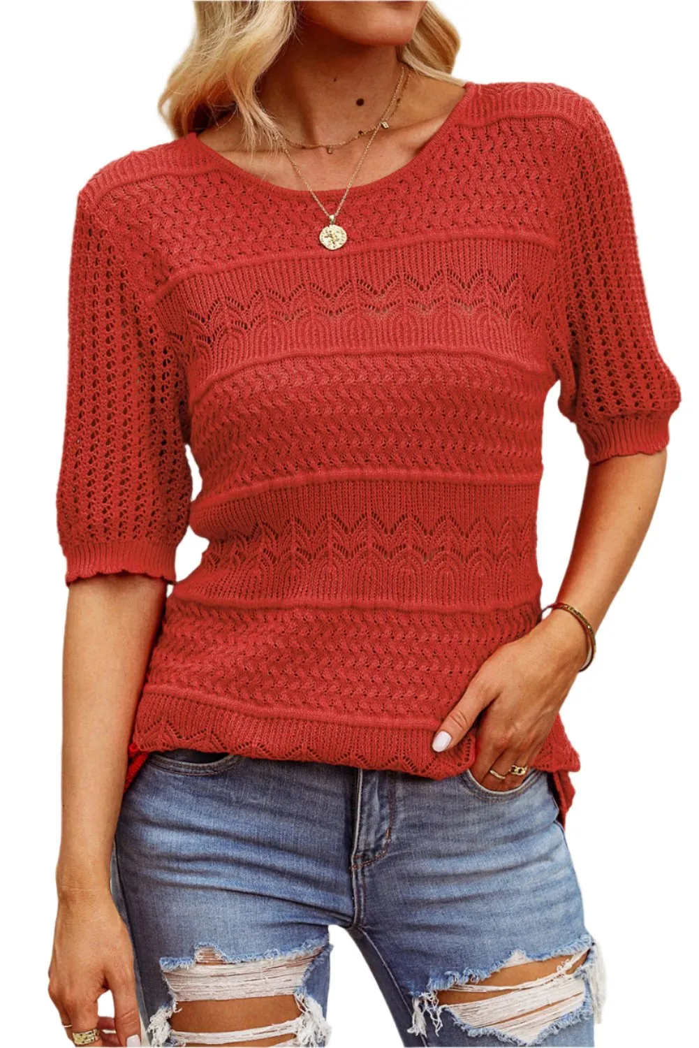 TEEK - Brick Red Open Knit Half Sleeve Knit Top