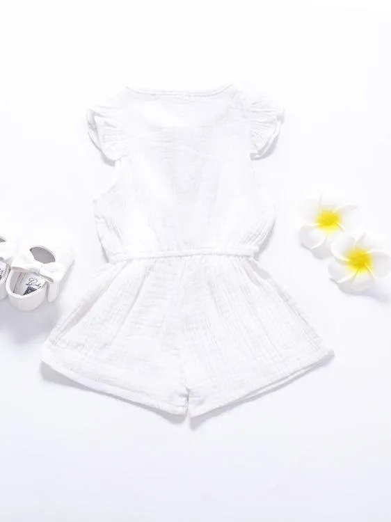 Tie Waist Flutter Sleeve Crinkle Gauze Shortalls Jumpsuit