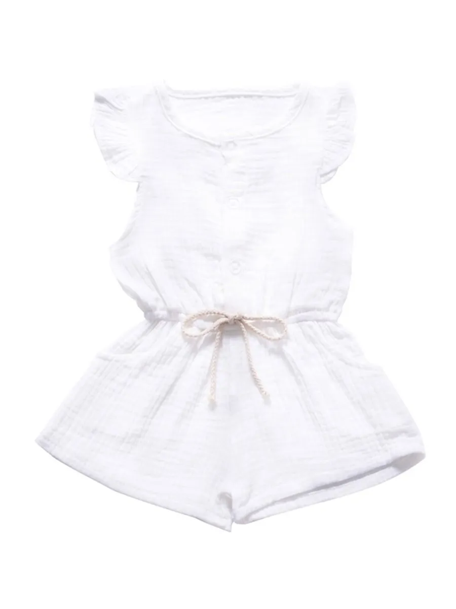 Tie Waist Flutter Sleeve Crinkle Gauze Shortalls Jumpsuit