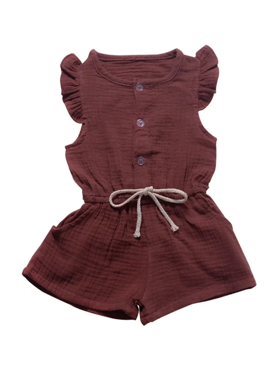 Tie Waist Flutter Sleeve Crinkle Gauze Shortalls Jumpsuit