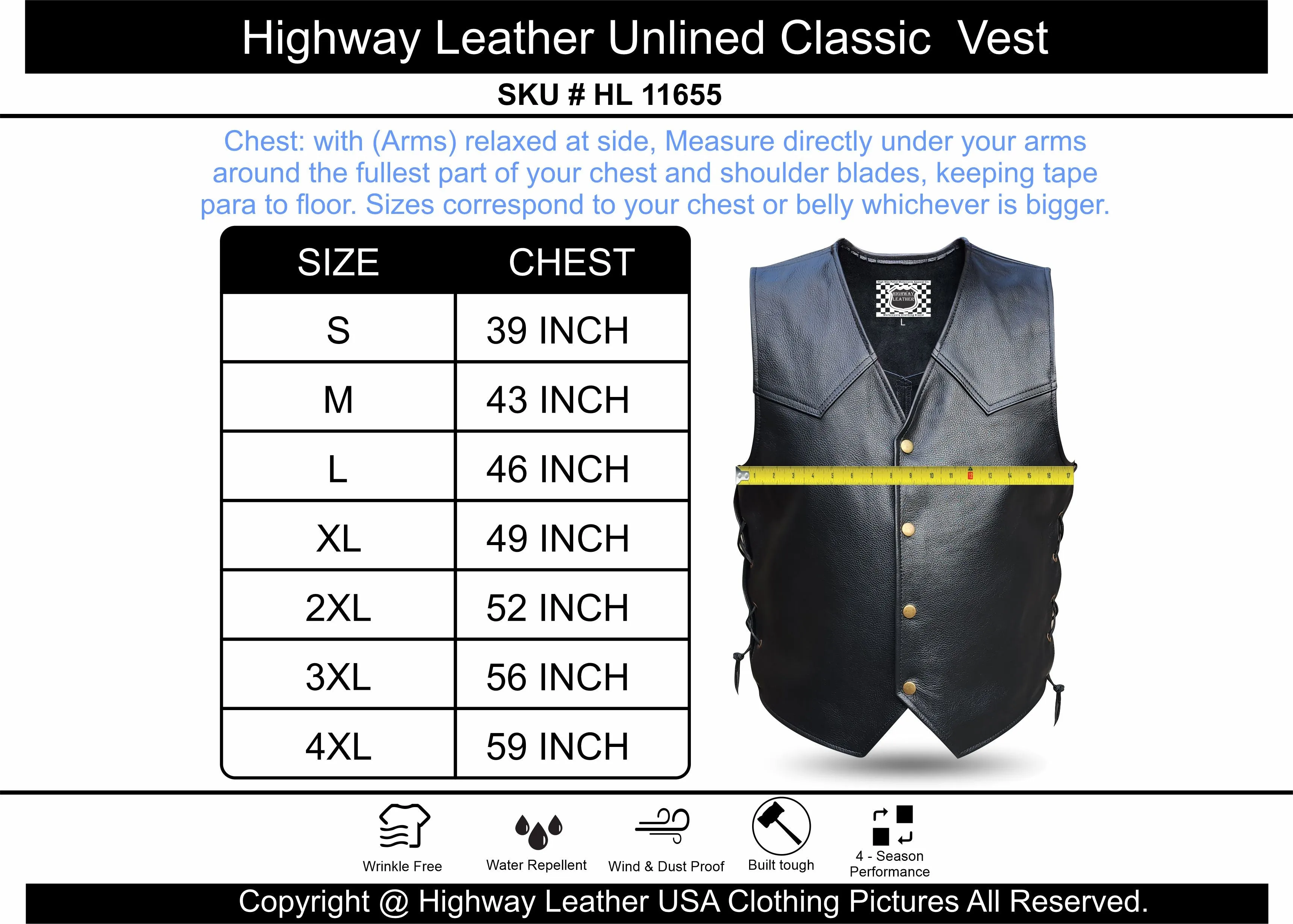 Unlined HL11655BLACK Unlined Side Lace Basic Motorcycle Leather Vest Side Lace