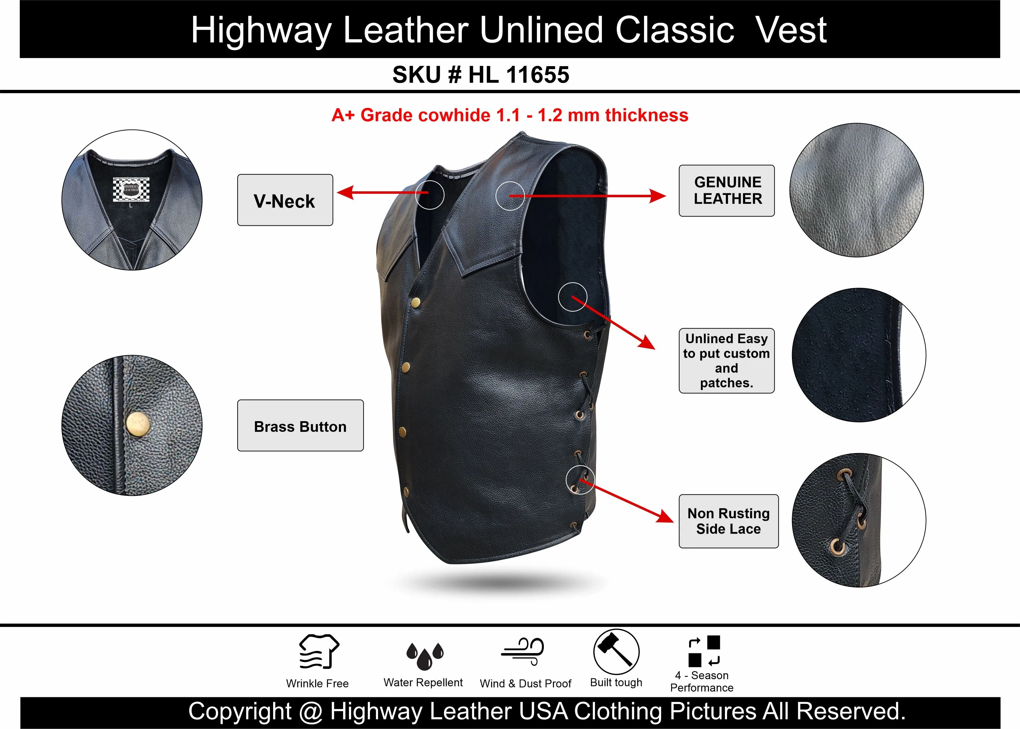 Unlined HL11655BLACK Unlined Side Lace Basic Motorcycle Leather Vest Side Lace