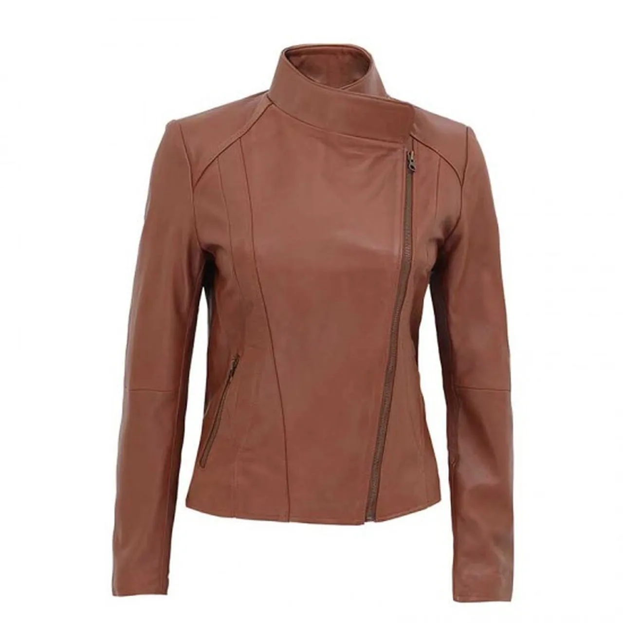 Women Tan Asymmetrical Biker Leather Jacket