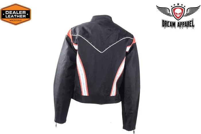 Women's Black Lightweight Racer Style Textile Jacket - Orange/White Strips And Studs