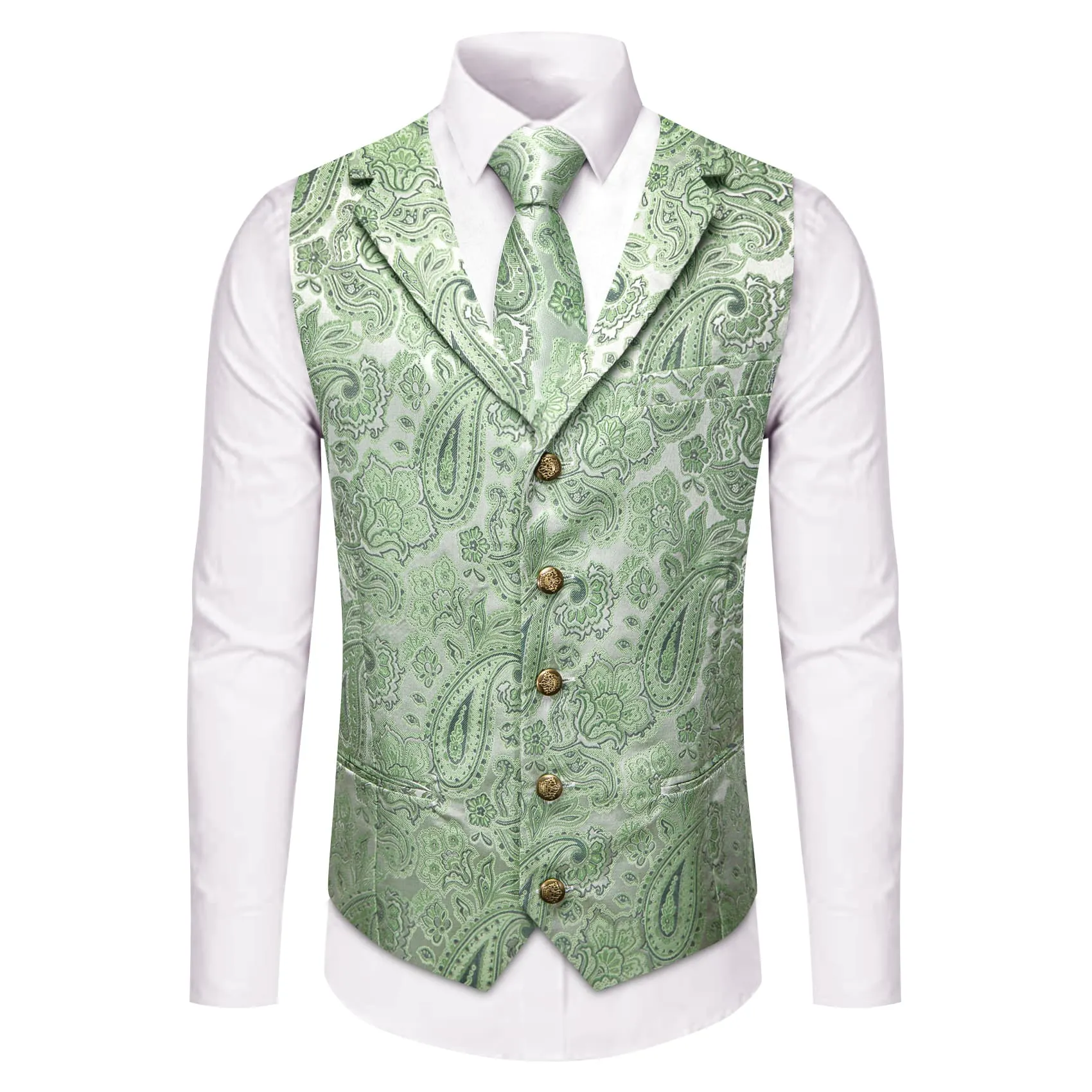 YourTies Light Green Waistcoat Silk Men's Paisley Wedding Vest Tie Set