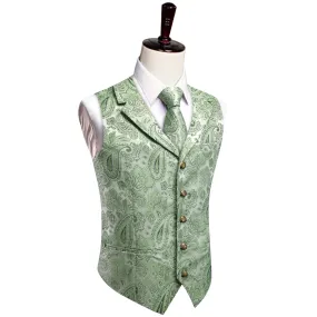 YourTies Light Green Waistcoat Silk Men's Paisley Wedding Vest Tie Set