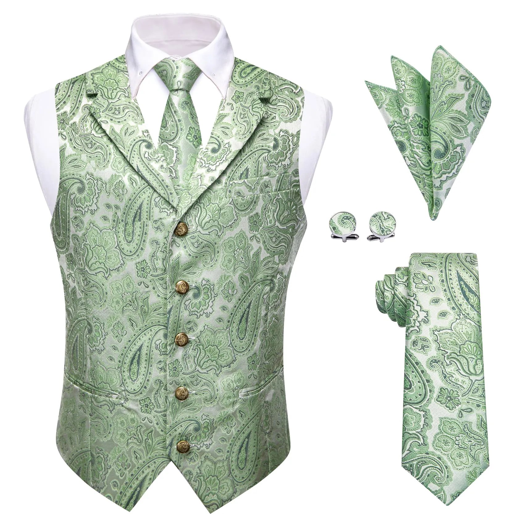 YourTies Light Green Waistcoat Silk Men's Paisley Wedding Vest Tie Set